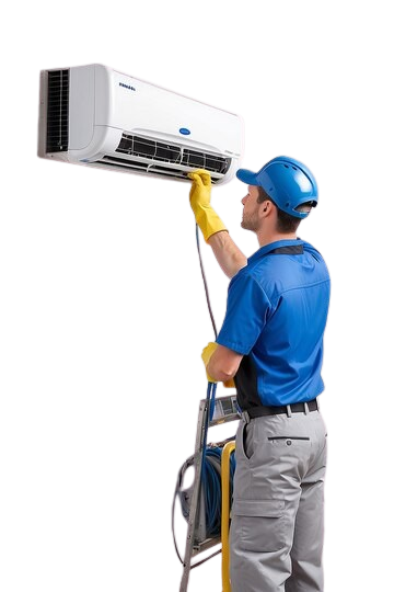 cleaning air conditioning hanging wall worker cleans air conditioning