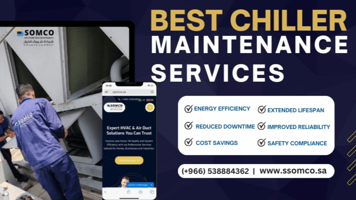 Commercial chiller system being inspected by HVAC technicians