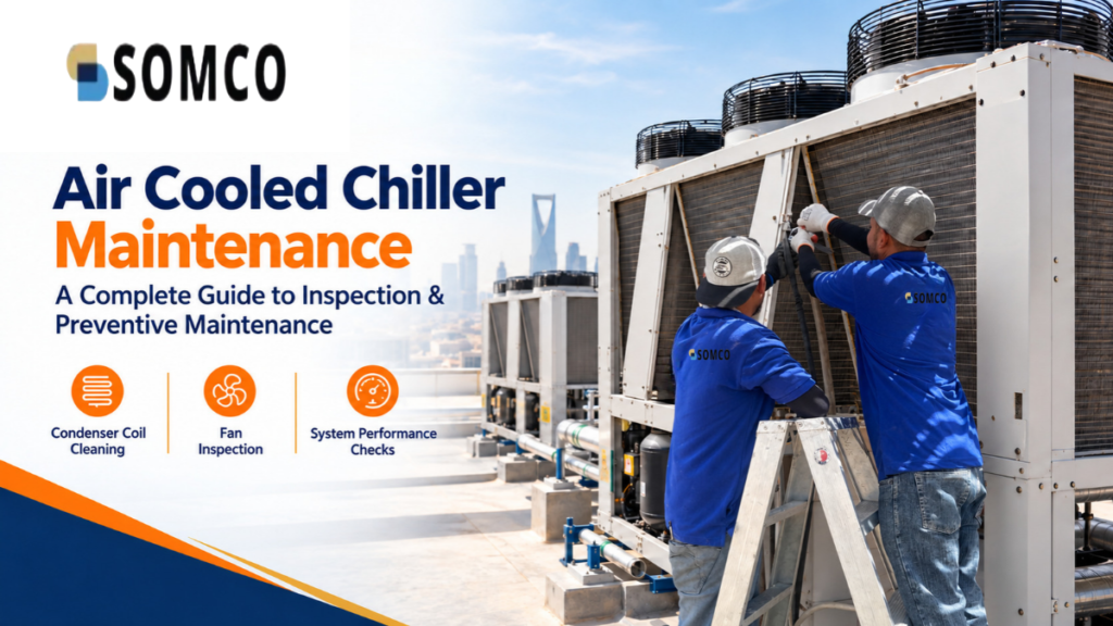 Technicians performing air cooled chiller maintenance and inspection on commercial cooling equipment.