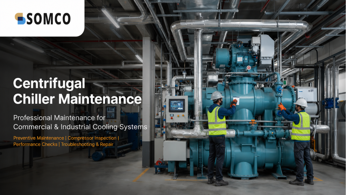 Technicians performing centrifugal chiller maintenance and inspection of industrial cooling equipment.