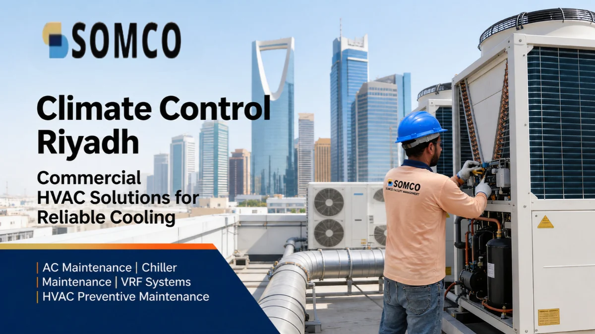 HVAC technician performing maintenance on commercial cooling equipment against the Riyadh skyline.