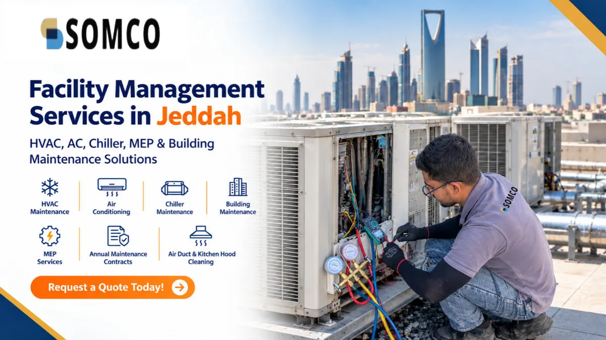Technician performing HVAC maintenance on a commercial air conditioning unit on a rooftop.