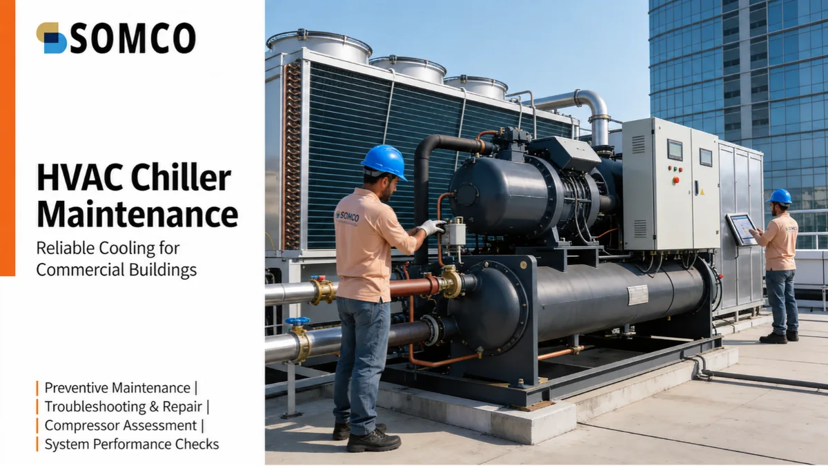 Technicians performing HVAC chiller maintenance on a large commercial cooling system.