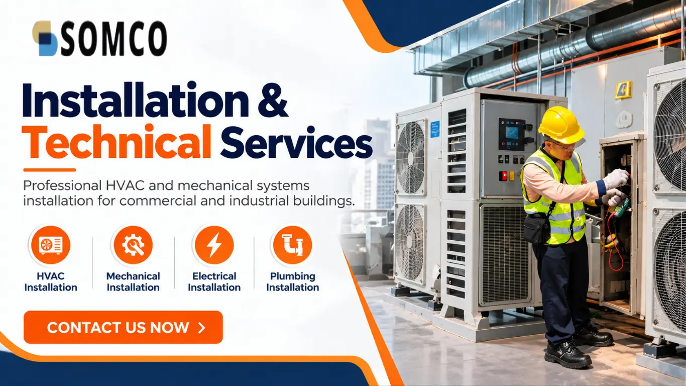 Installation and technical services for commercial HVAC, mechanical, electrical, and plumbing systems
