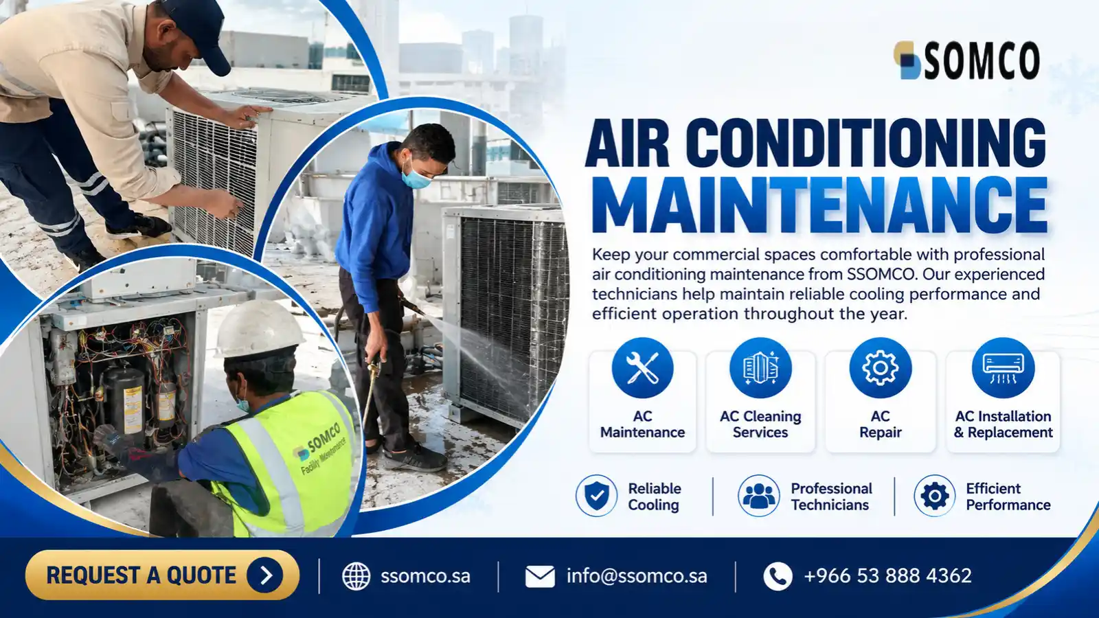 Professional technicians performing air conditioning maintenance and repair on commercial AC units