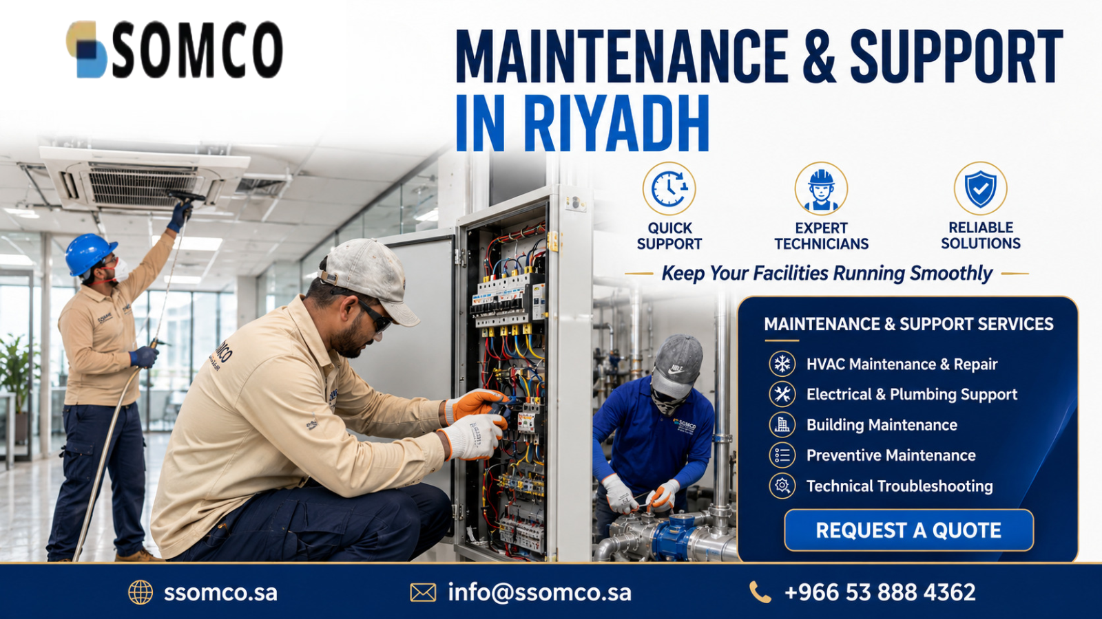 Maintenance and support services in Riyadh for HVAC, electrical, plumbing, and building systems